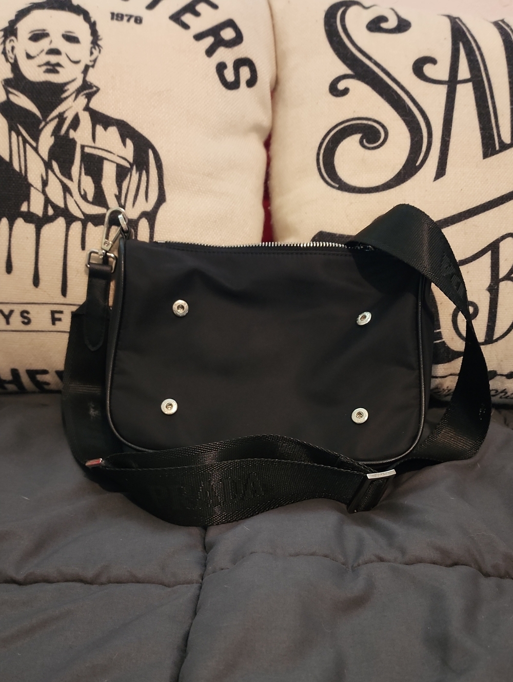 Prada Black Nylon Messenger Crossbody Bag with Webbing Strap